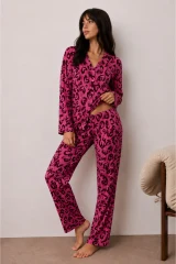 Kadın Düğmeli Kışlık Ev Lila Pijama Takımı