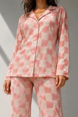 Kadın Uzun Kol Pamuklu Pembe Pijama Takımı
