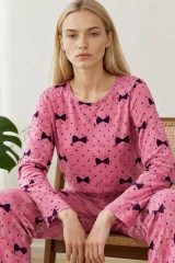 Kadın Desenli Nefes Alan Pembe Pijama Takımı 4694