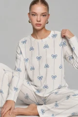 Kadın Desenli Nefes Alan Ekru Pijama Takımı 4690