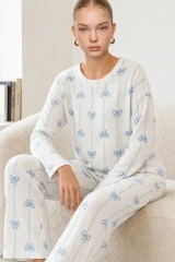 Kadın Desenli Nefes Alan Ekru Pijama Takımı 4690