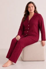 Kadın Rahat Puantiyeli Düğmeli Kırmızı Pijama Takımı 824