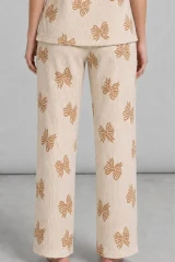Kadın Kısa Kol Desenli Ekru Pijama Takımı 4739