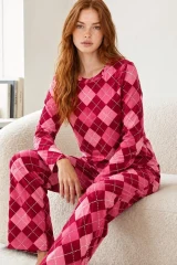 Kadın Çizgili Regular Fit Kırmızı Pijama Takımı 4766