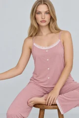 Kadın Dantelli V Yaka Pembe Pijama Takımı 4741