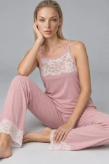 Kadın Dantelli Relaxed Pembe Pijama Takımı 4742