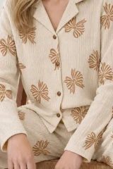 Kadın Uzun Kol Rahat Krem Pijama Takımı 4759