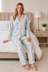 Kadın Casual Esnek Bol Mavi Pijama Takımı 4671