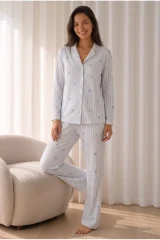 Kadın Desenli Basic Kış Mavi Pijama Takımı