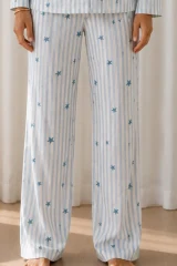 Kadın Desenli Basic Kış Mavi Pijama Takımı