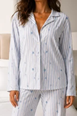 Kadın Uzun Kol Pamuklu Mavi Pijama Takımı
