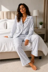 Kadın Uzun Kol Pamuklu Mavi Pijama Takımı