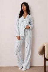 Kadın Düğmeli Kışlık Ev Mavi Pijama Takımı