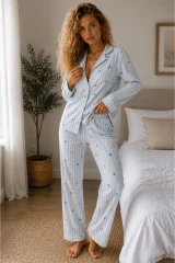 Kadın Örme Gömlek Yaka Mavi Pijama Takımı