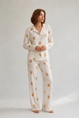 Kadın Gömlek Yaka Düğmeli Gece Giyimi Beyaz Pijama Takımı