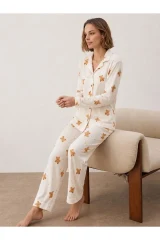 Kadın Gömlek Yakalı Uzun Kollu Beyaz Pijama Seti