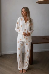 Kadın Düğmeli Uzun Uyku ve Beyaz Pijama Takımı