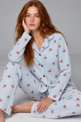 Kadın Kiraz Desenli Pötikare Mavi Pijama Takımı 4792