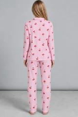 Kadın Kiraz Desenli Pötikare Pembe Pijama Takımı 4793