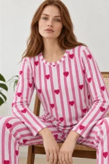 Kadın Kalpli Rahat Kalıp İkili Pembe Pijama Takımı 4768