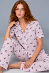 Kadın Çizgili Fiyonk Desenli Mor Kısa Kollu Pijama Takımı 4811
