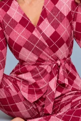 Kadın Desenli Ev Stili Kuşaklı Pembe Pijama Takımı 4808