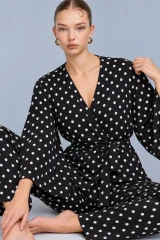 Kadın Kruvaze Kuşaklı Siyah İkili Pijama Takımı 4803