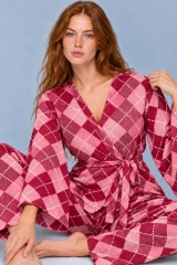 Kadın Kruvaze Kuşaklı Pembe İkili Pijama Takımı 4802