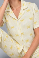 Kadın Gömlek Yaka Desenli İkili Sarı Pijama Takımı 4795