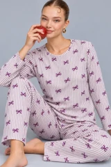 Kadın Çizgili Rahat Desenli İkili Mor Pijama Takımı 4809