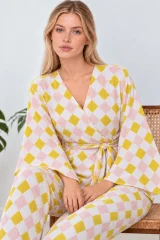 Kadın Kruvaze Kuşaklı Sarı İkili Pijama Takımı 4804