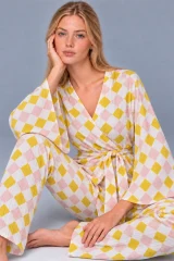 Kadın Kruvaze Kuşaklı Sarı İkili Pijama Takımı 4804