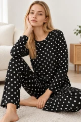 Kadın Desenli İkili Siyah Rahat Pijama Takımı 4814