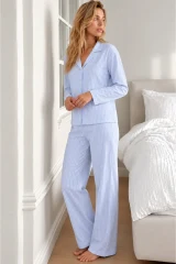 Kadın Gömlek Yaka Uzun Kollu Mavi Pijama Takımı