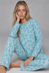 3'Lü Kadın Desenli Uzun Kollu Pijama Takımı Beyaz