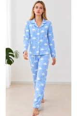 Kadın Desenli Gömlek Yaka Mavi Pijama Takımı 4831