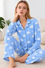 Kadın Desenli Gömlek Yaka Mavi Pijama Takımı 4831
