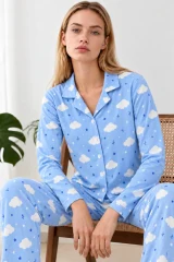 Kadın Desenli Gömlek Yaka Mavi Pijama Takımı 4831