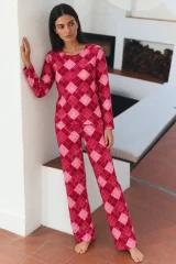 Kadın Çizgili Regular Şık Kırmızı Pijama Takımı