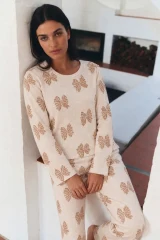 Kadın Desenli Uzun Kollu Rahat Krem Pijama Takımı