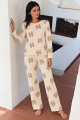 Kadın Desenli Uzun Kollu Rahat Krem Pijama Takımı