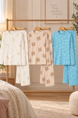 3'Lü Kadın Desenli Uzun Kollu Pijama Takımı Krem