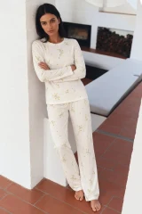 Kadın Desenli Uzun Kollu Rahat Ekru Pijama Takımı