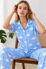 Kadın Desenli Mavi Kısa Kollu Pijama Takımı 4832