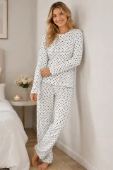 3'Lü Kadın Desenli Uzun Kollu Pijama Takımı Ekru