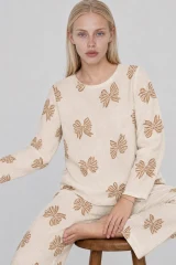 3'Lü Kadın Desenli Uzun Kollu Pijama Takımı Ekru