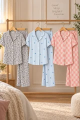 3 Adet Kadın Kısa Kollu Rahat Pijama Takımı Gri