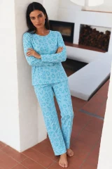 Kadın Desenli Uzun Kollu Rahat M.Yeşili Pijama Takımı Mint Yeşili