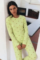 Kadın Desenli Uzun Kollu Rahat Yeşil Pijama Takımı