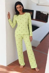 Kadın Desenli Uzun Kollu Rahat Yeşil Pijama Takımı